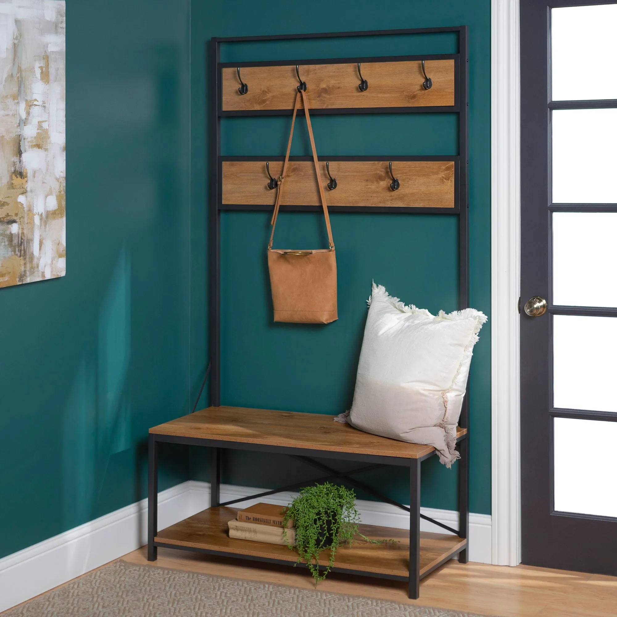 40" Rustic Wood Hall Tree - Stylish Entryway Storage with Bench, Hooks & Open Shelf for Organization