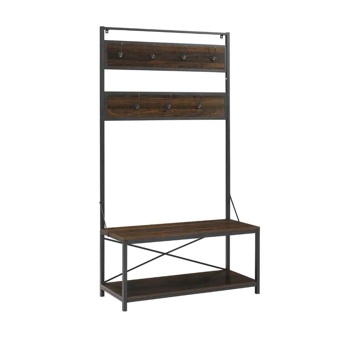 40" Rustic Wood Hall Tree - Stylish Entryway Storage with Bench, Hooks & Open Shelf for Organization