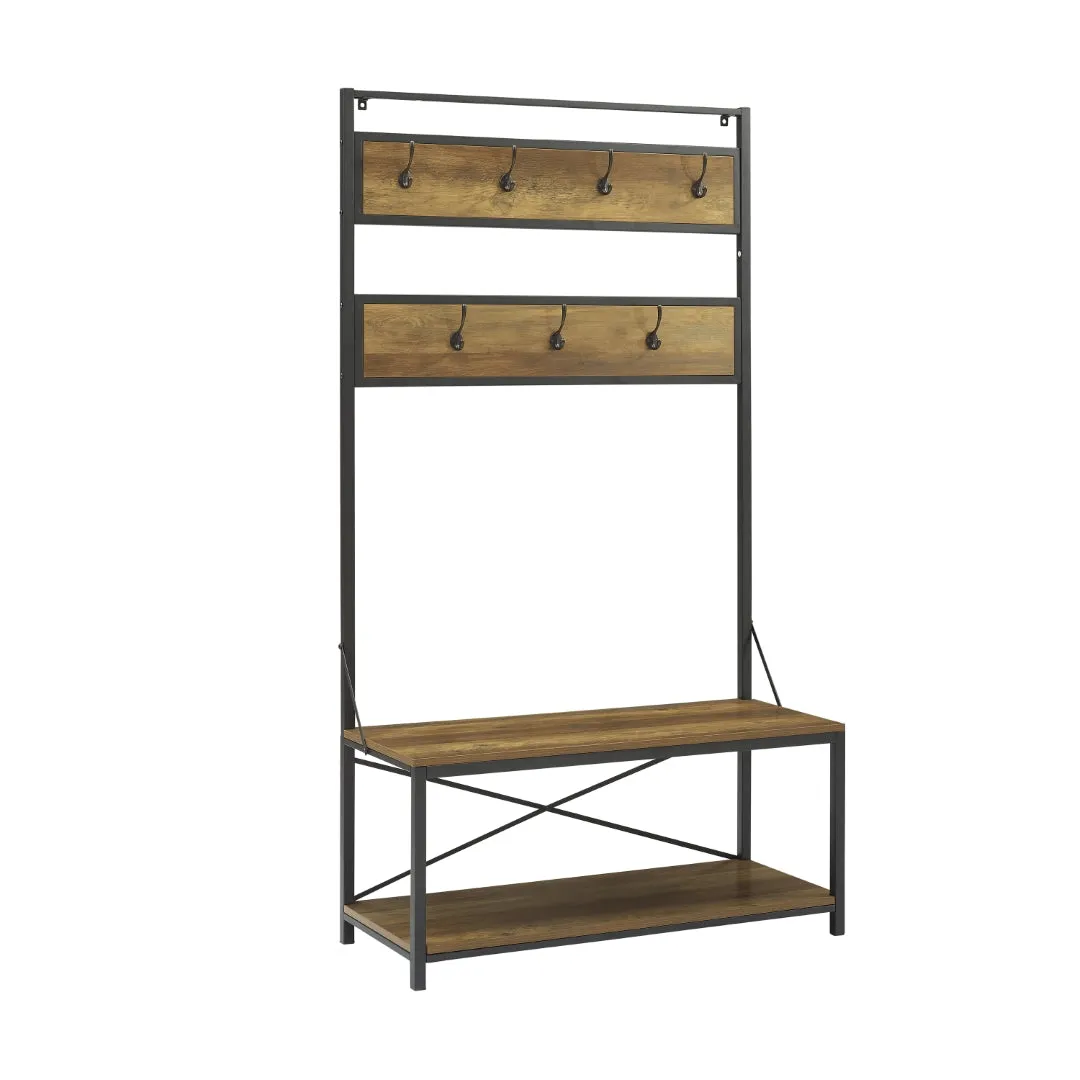 40" Rustic Wood Hall Tree - Stylish Entryway Storage with Bench, Hooks & Open Shelf for Organization