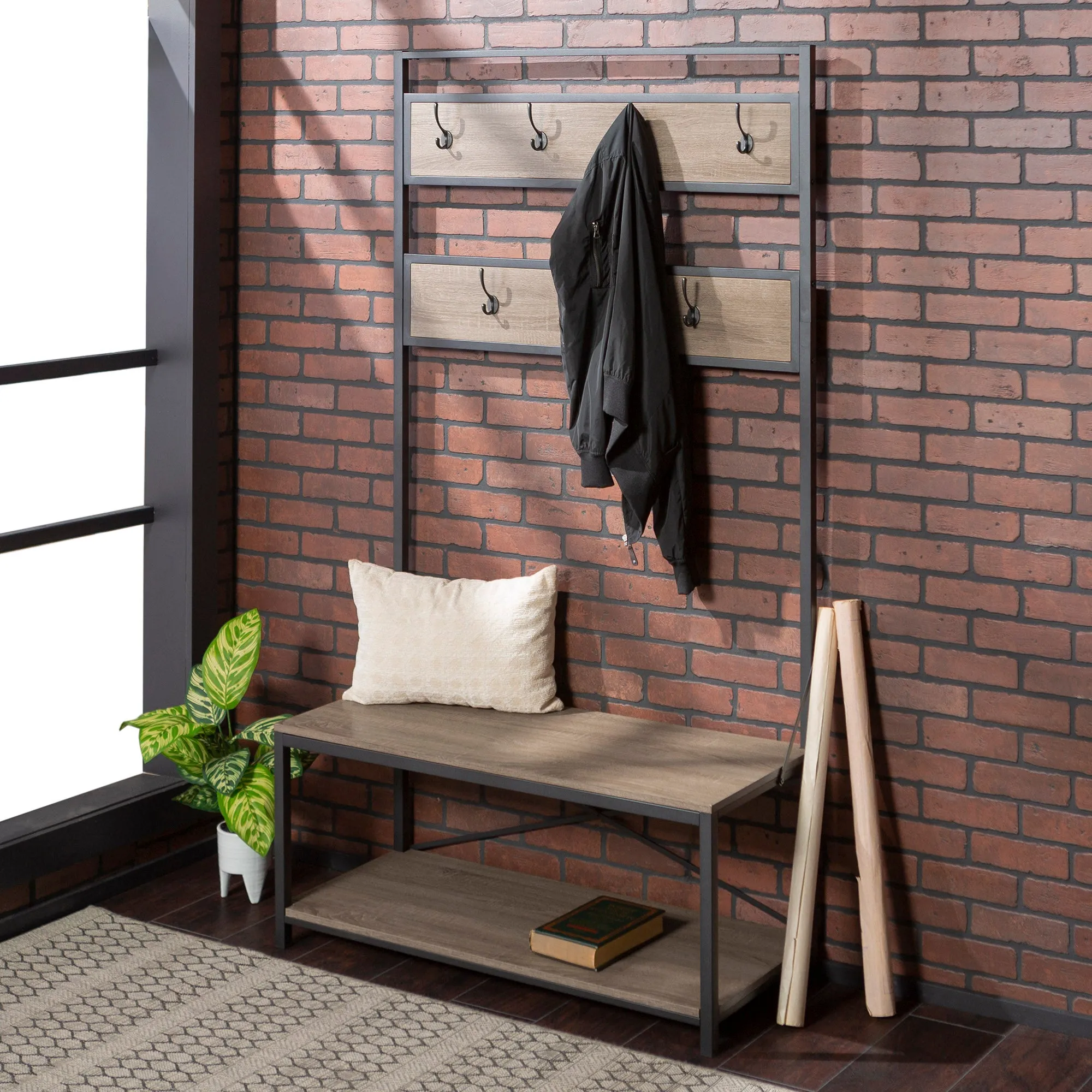 40" Rustic Wood Hall Tree - Stylish Entryway Storage with Bench, Hooks & Open Shelf for Organization