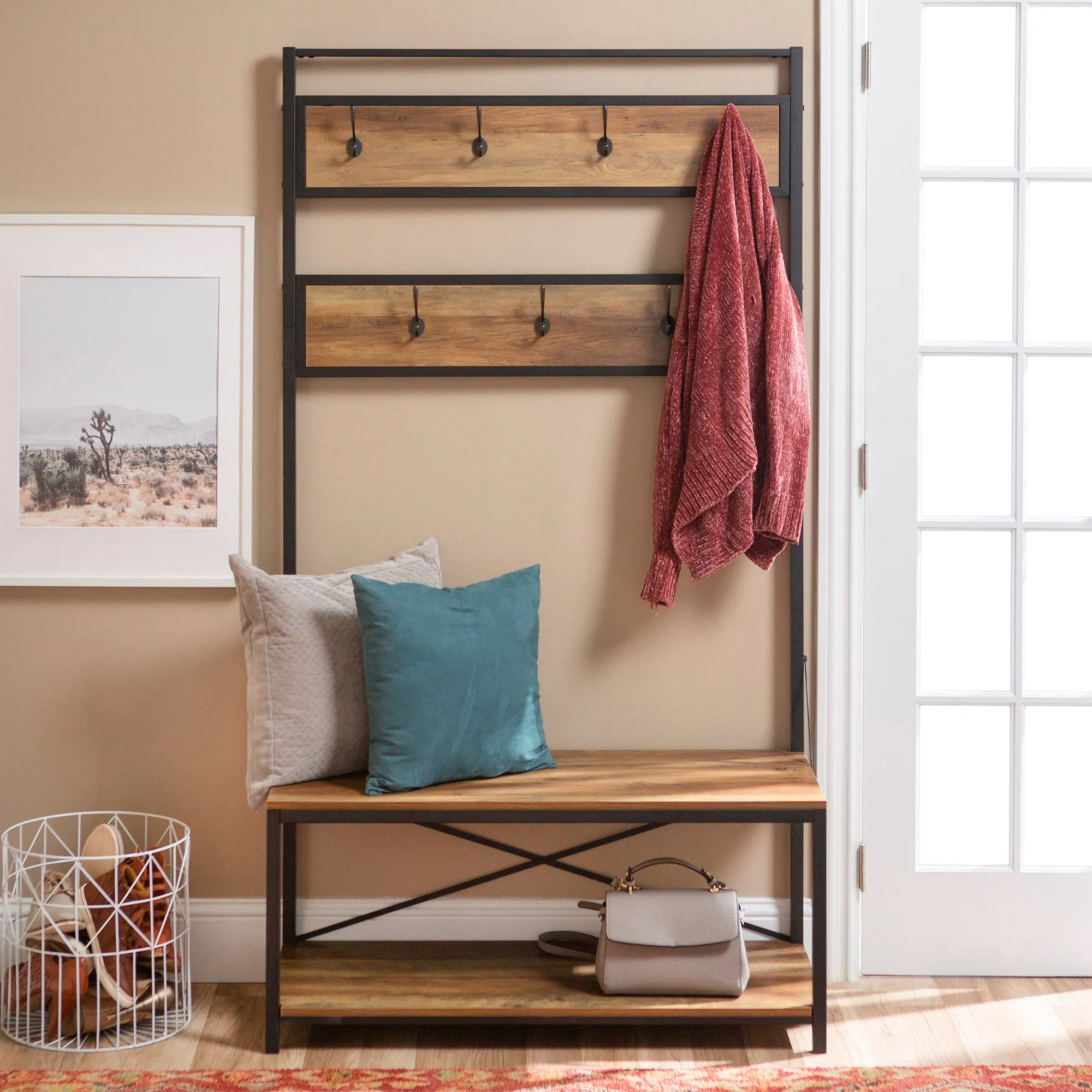 40" Rustic Wood Hall Tree - Stylish Entryway Storage with Bench, Hooks & Open Shelf for Organization