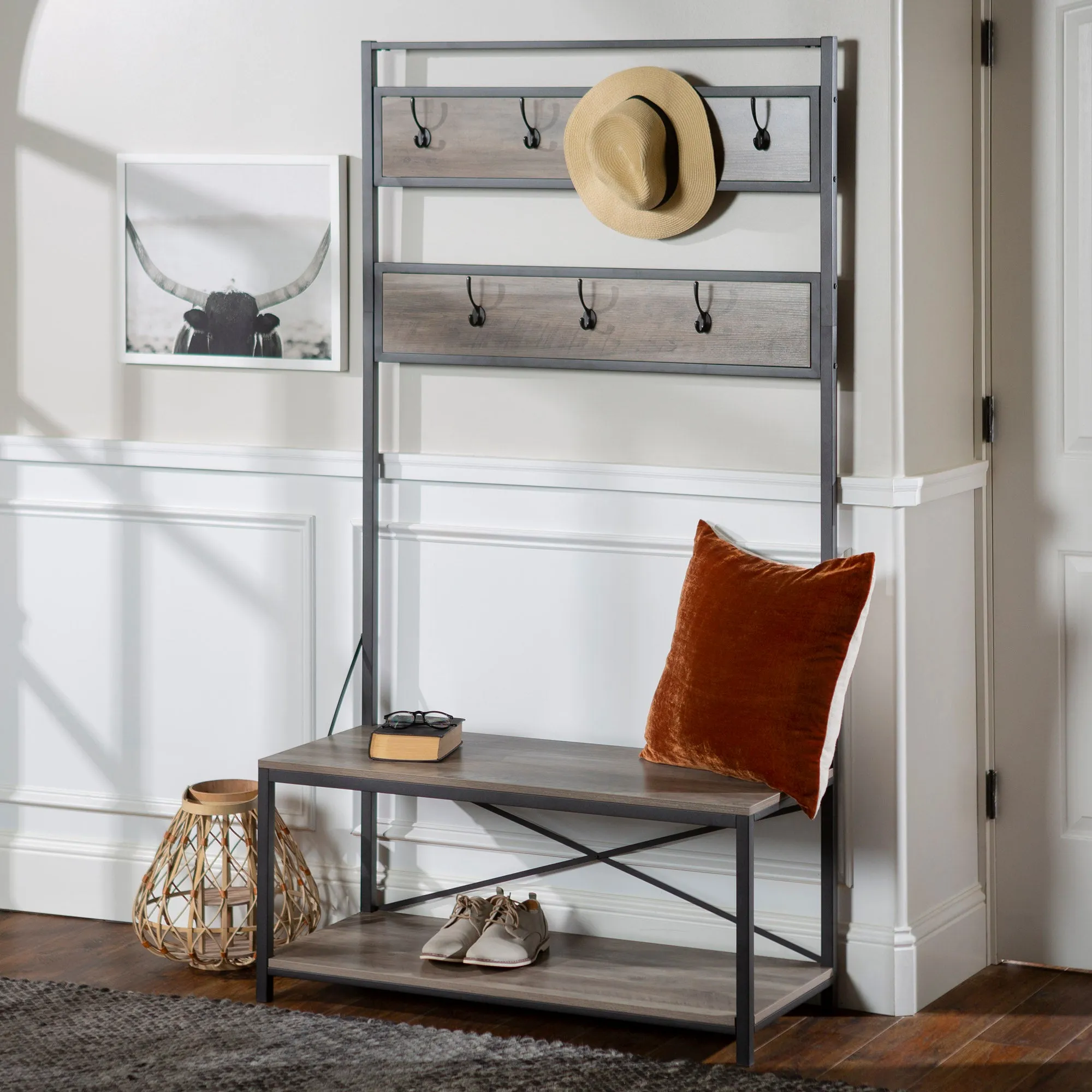 40" Rustic Wood Hall Tree - Stylish Entryway Storage with Bench, Hooks & Open Shelf for Organization