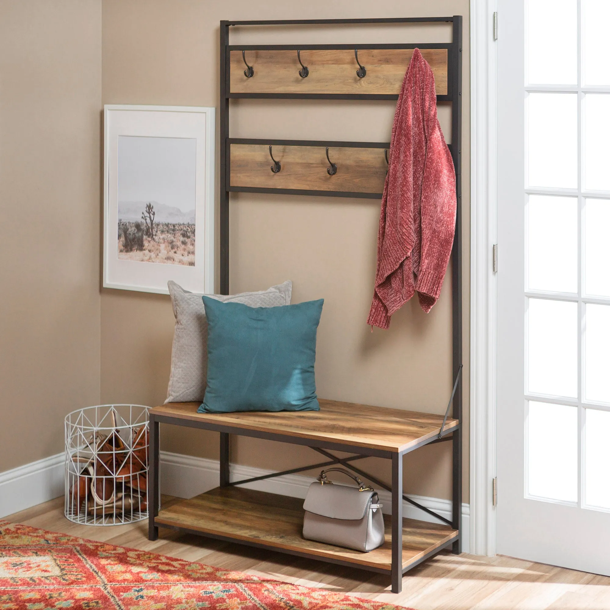 40" Rustic Wood Hall Tree - Stylish Entryway Storage with Bench, Hooks & Open Shelf for Organization