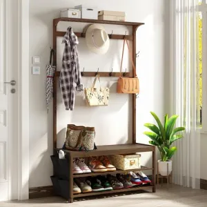 AMBIRD Hall Tree with shoe bench Entryway Bench with Coat Rack 6-in-1 Coat Rack Shoe Bench with Cloth Bag Storage Bench with 14 Coat Hooks, Sturdy Bamboo Frame, Large Size, Brown 39 * 15 * 70 Inches