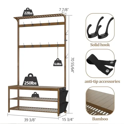 AMBIRD Hall Tree with shoe bench Entryway Bench with Coat Rack 6-in-1 Coat Rack Shoe Bench with Cloth Bag Storage Bench with 14 Coat Hooks, Sturdy Bamboo Frame, Large Size, Brown 39 * 15 * 70 Inches