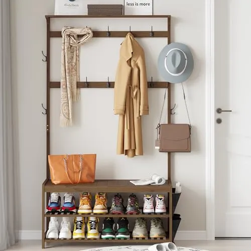 AMBIRD Hall Tree with shoe bench Entryway Bench with Coat Rack 6-in-1 Coat Rack Shoe Bench with Cloth Bag Storage Bench with 14 Coat Hooks, Sturdy Bamboo Frame, Large Size, Brown 39 * 15 * 70 Inches