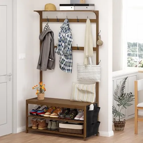 AMBIRD Hall Tree with shoe bench Entryway Bench with Coat Rack 6-in-1 Coat Rack Shoe Bench with Cloth Bag Storage Bench with 14 Coat Hooks, Sturdy Bamboo Frame, Large Size, Brown 39 * 15 * 70 Inches