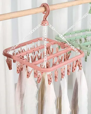 Clothes Hanger with In-Built Pegs, Pink, Plastic