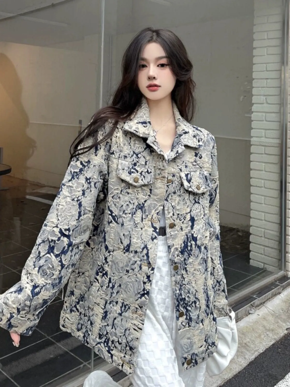 Denim Coat Women's New Spring and Autumn Fashion Print Jacket Cardigan Stylish Niche Loose Elegant Top