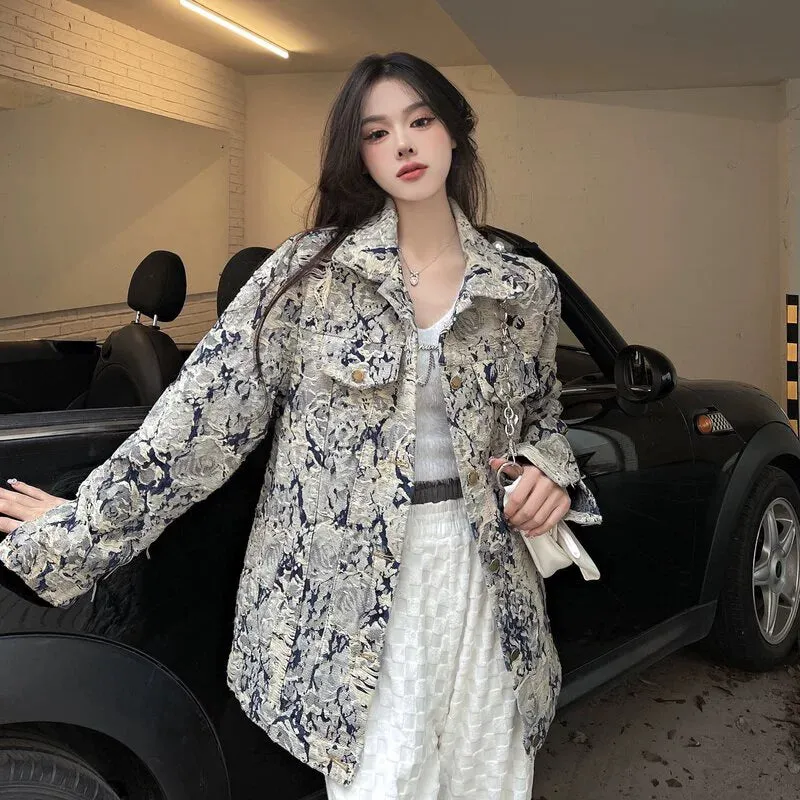 Denim Coat Women's New Spring and Autumn Fashion Print Jacket Cardigan Stylish Niche Loose Elegant Top