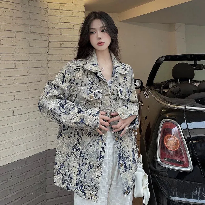 Denim Coat Women's New Spring and Autumn Fashion Print Jacket Cardigan Stylish Niche Loose Elegant Top