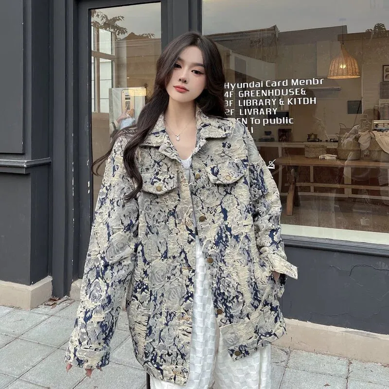 Denim Coat Women's New Spring and Autumn Fashion Print Jacket Cardigan Stylish Niche Loose Elegant Top