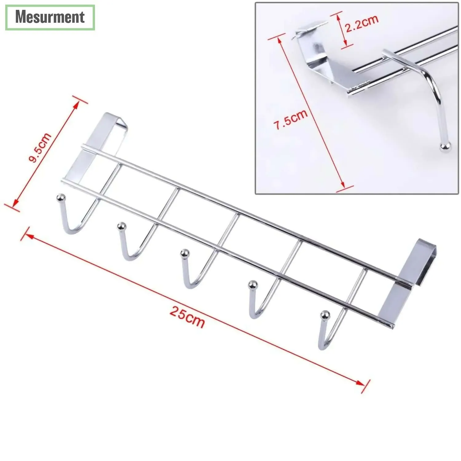 Door Hook Hanger Hanging Organizer Rack No Drill Required, Fits Up to 4 cm Thick Doors, Dark Brown (5 Hooks)