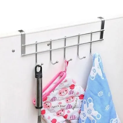 Door Hook Hanger Hanging Organizer Rack No Drill Required, Fits Up to 4 cm Thick Doors, Dark Brown (5 Hooks)