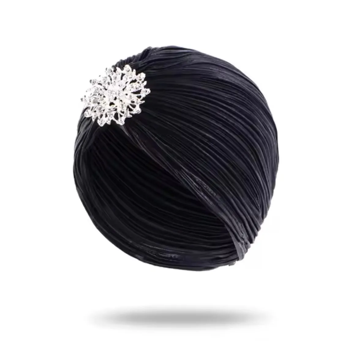 Great Gatsby 1920's Turban Head Wrap Hat Fancy Dress - Metallic Black with Brooch