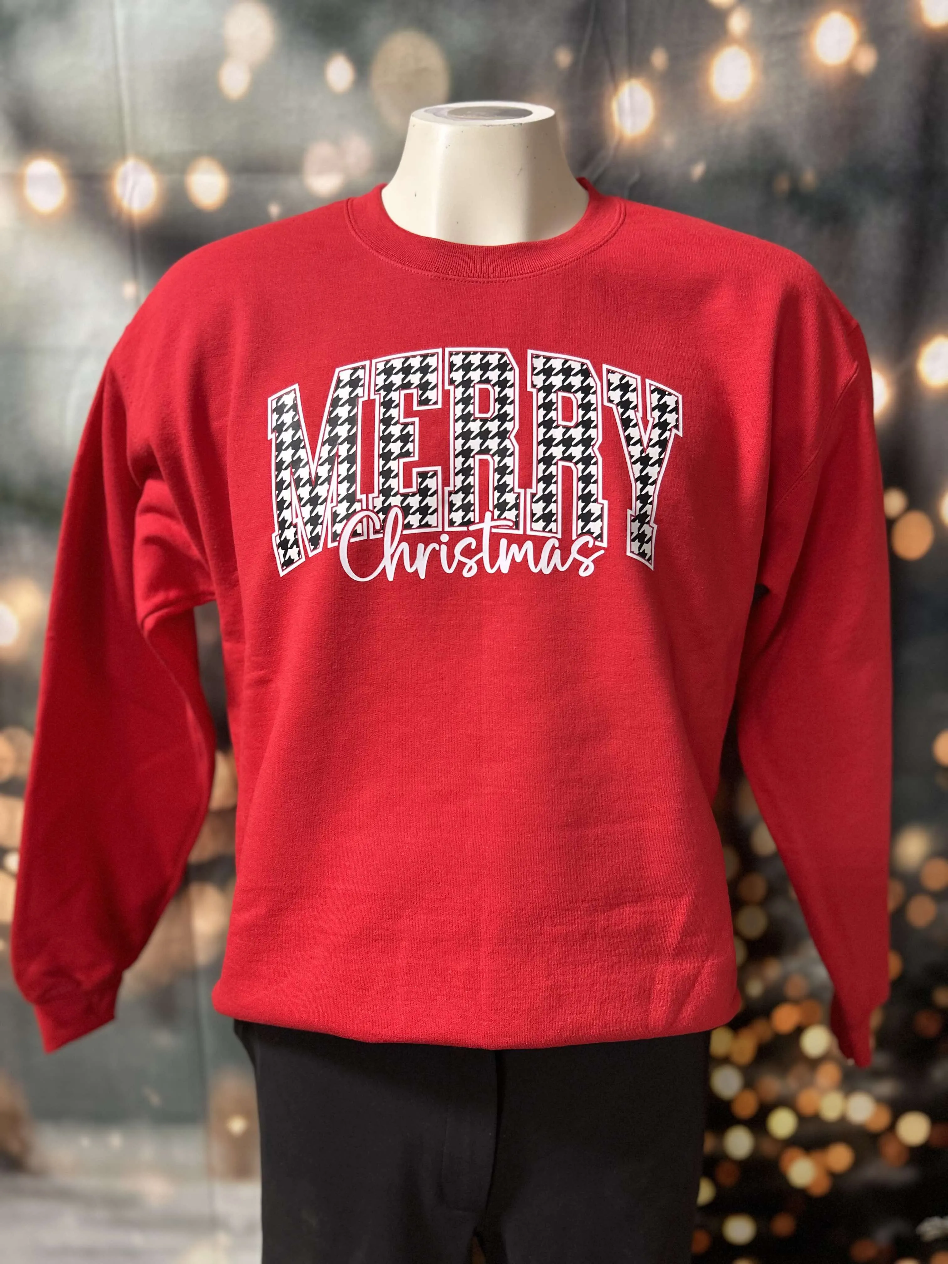 Houndstooth Merry Christmas Holiday Red Graphic Crewneck Sweatshirt