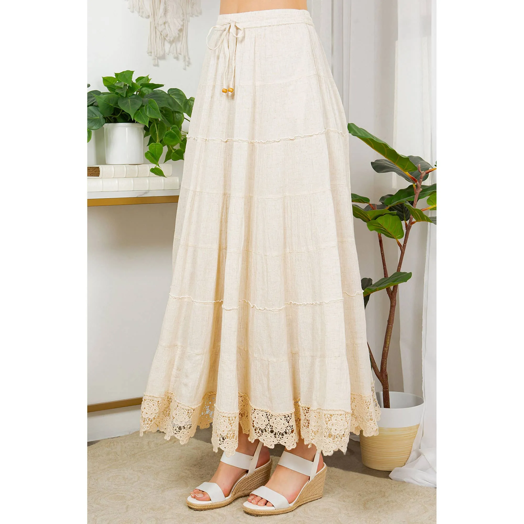 Ivory Hand-Aari & Lace Crinkled Rayon Flax Tiers Skirt