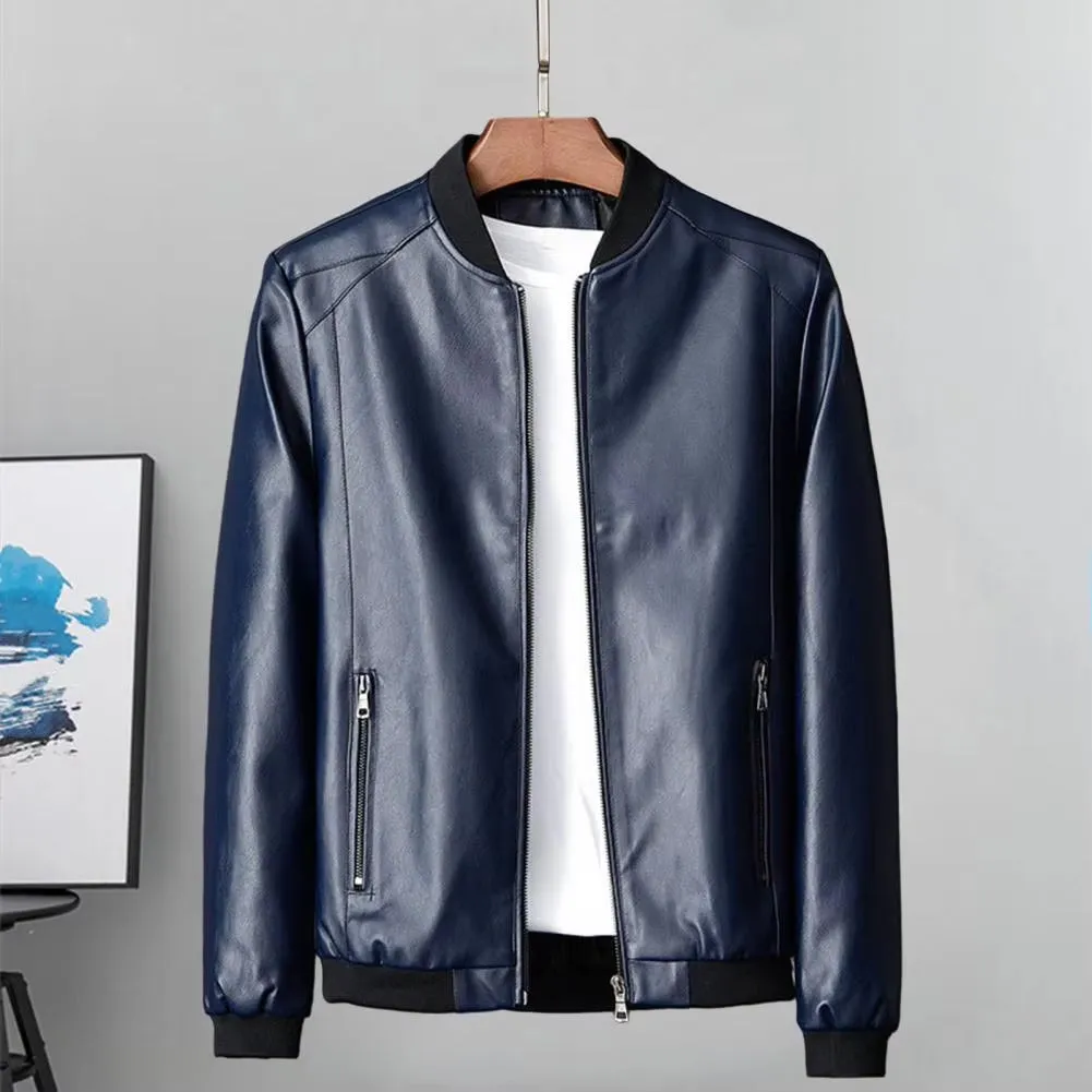 Men Coat Stylish Men'S Faux Leather Motorcycle Jacket Windproof Stand Collar Zipper Closure Pockets for Fall/Winter Soft Men