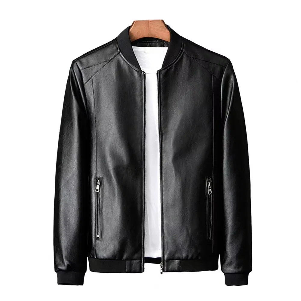 Men Coat Stylish Men'S Faux Leather Motorcycle Jacket Windproof Stand Collar Zipper Closure Pockets for Fall/Winter Soft Men