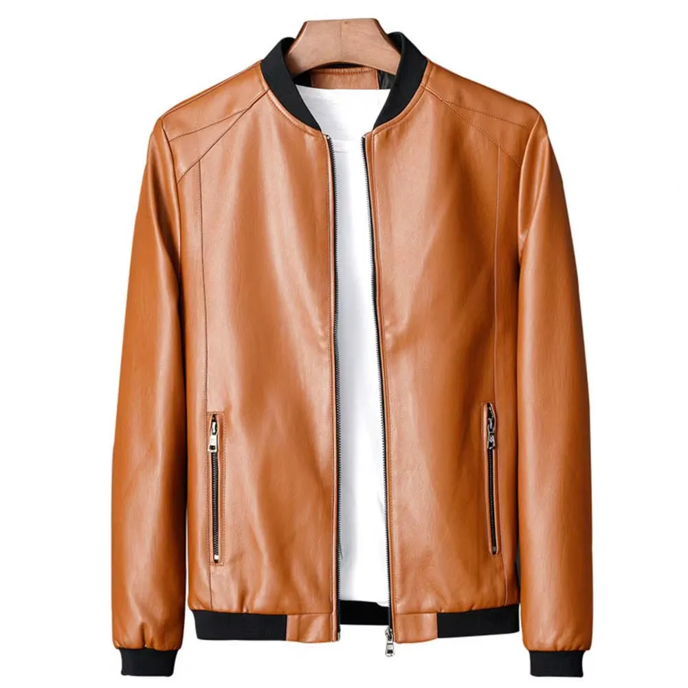 Men Coat Stylish Men'S Faux Leather Motorcycle Jacket Windproof Stand Collar Zipper Closure Pockets for Fall/Winter Soft Men