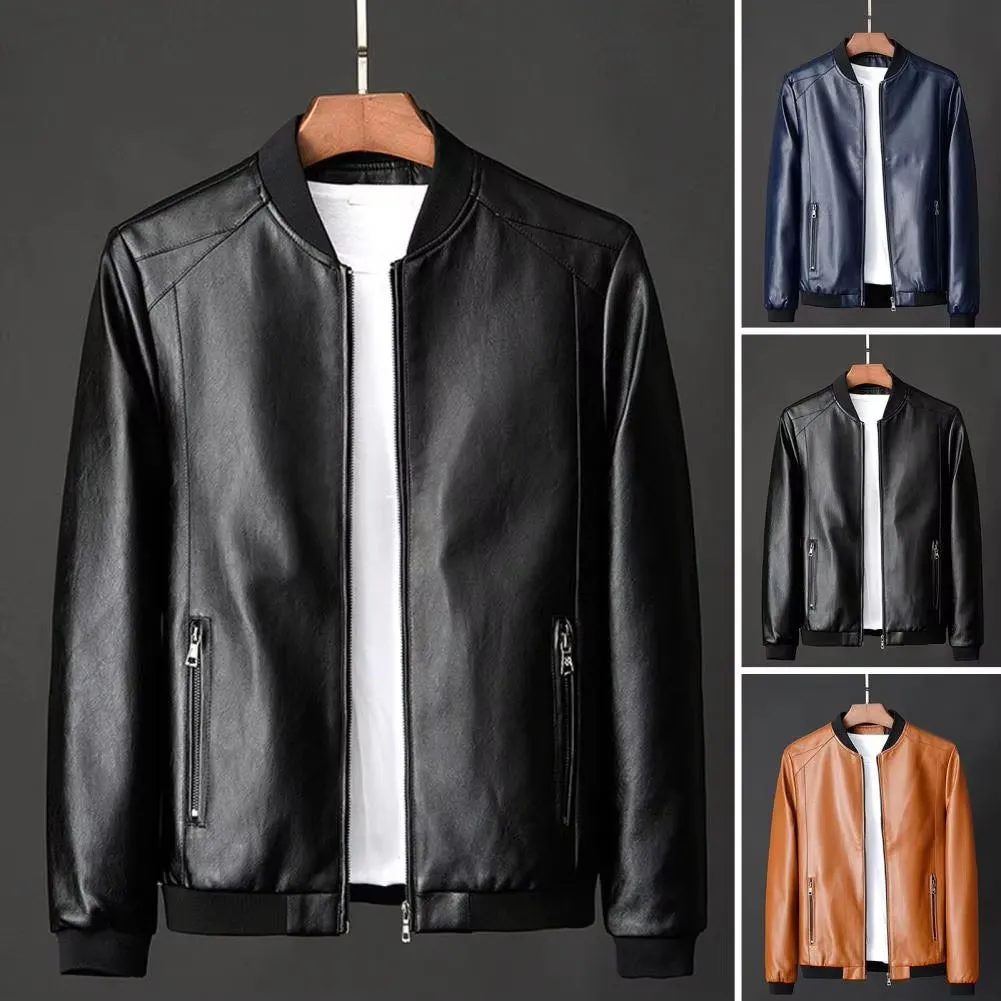 Men Coat Stylish Men'S Faux Leather Motorcycle Jacket Windproof Stand Collar Zipper Closure Pockets for Fall/Winter Soft Men