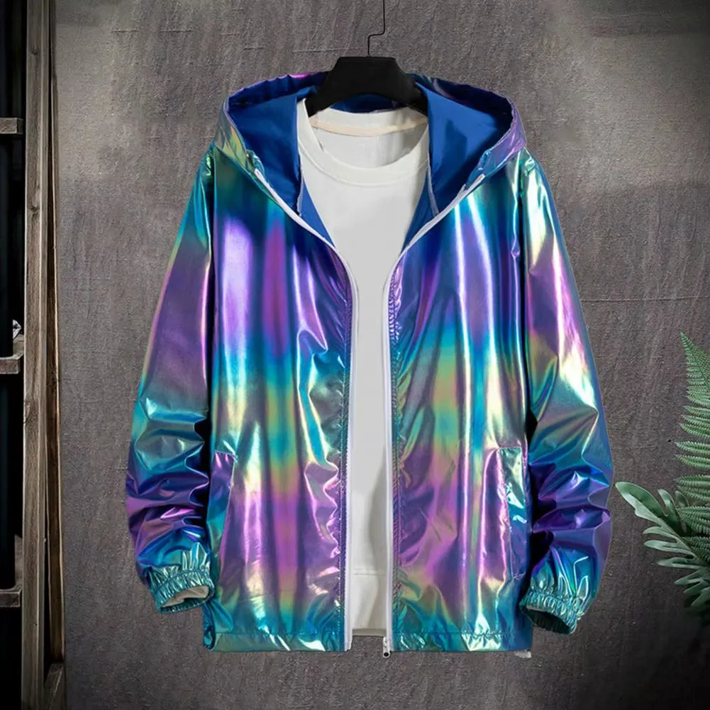 Men Windbreaker Men'S Bright Colorful Sunscreen Jacket with Hood Zipper Placket Long Sleeve Streetwear Coat with for Spring