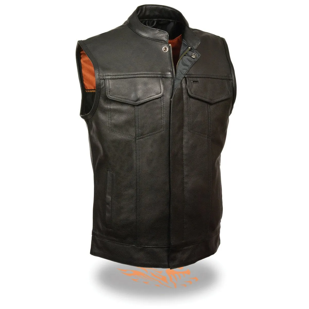 Milwaukee Leather MLM3510 Men's Black Premium Leather Club Style Vest - Dual Closure Open Neck Motorcycle Rider Vest