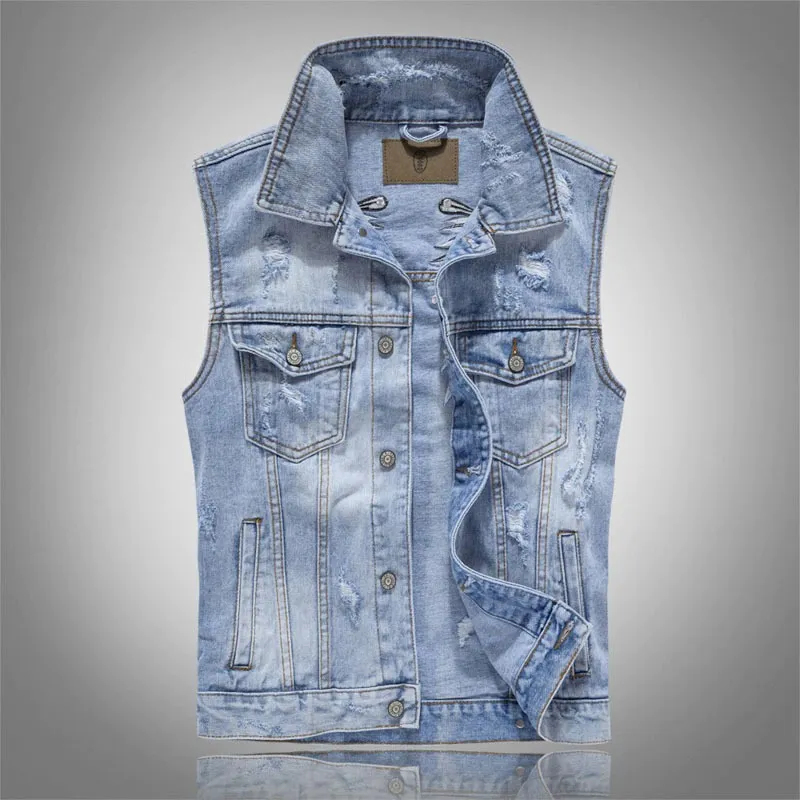 Punk Men Ripped Denim Vests / Blue Rock Style Embroidery Waistcoat / Male Sleeveless Clothing