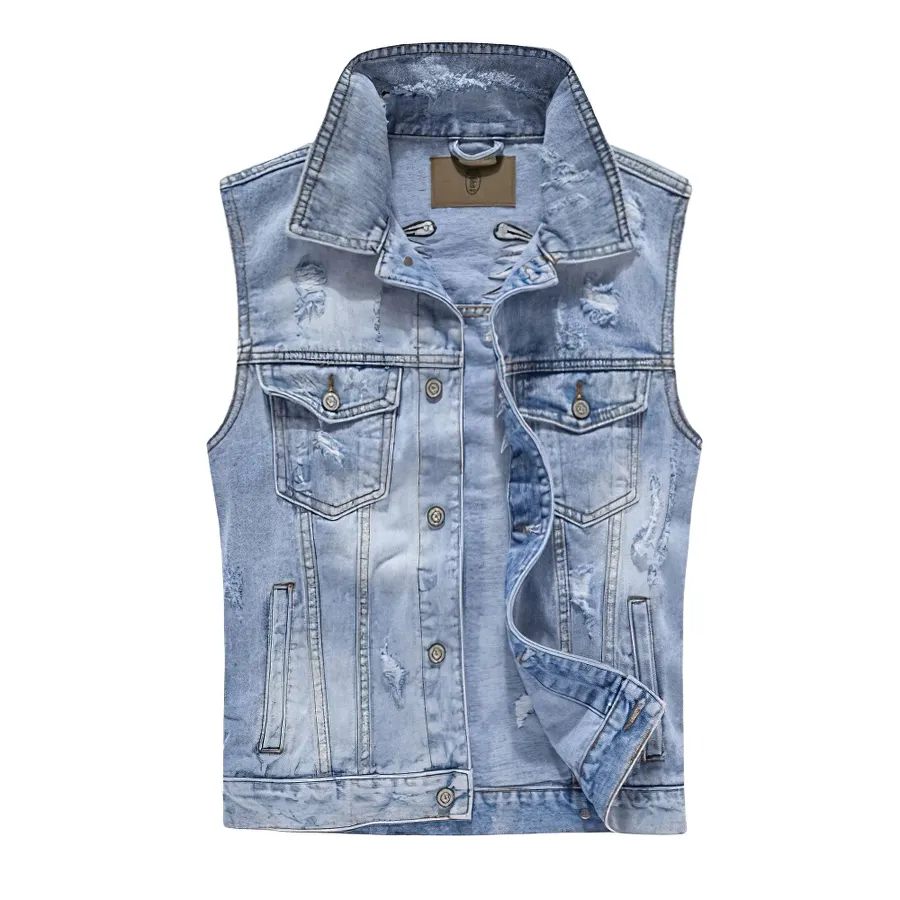 Punk Men Ripped Denim Vests / Blue Rock Style Embroidery Waistcoat / Male Sleeveless Clothing