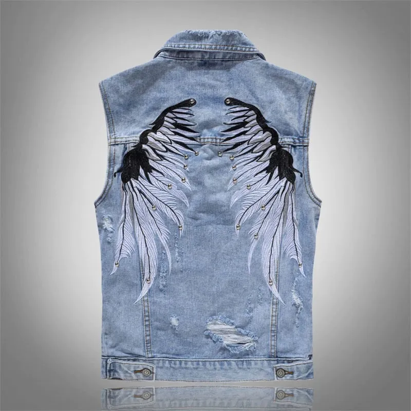 Punk Men Ripped Denim Vests / Blue Rock Style Embroidery Waistcoat / Male Sleeveless Clothing