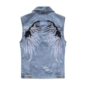 Punk Men Ripped Denim Vests / Blue Rock Style Embroidery Waistcoat / Male Sleeveless Clothing