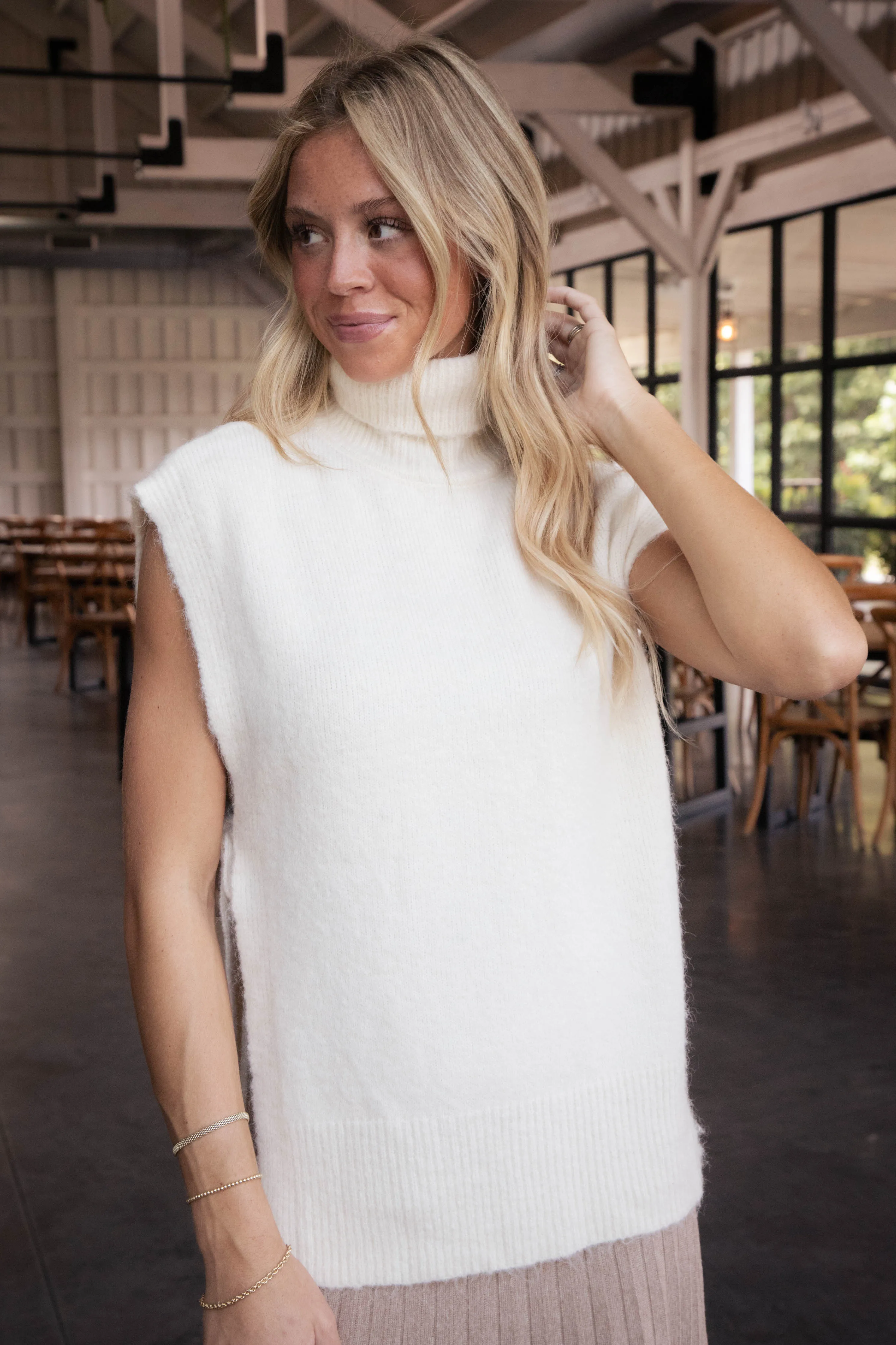 Reem Turtleneck Sweater Vest, Cream