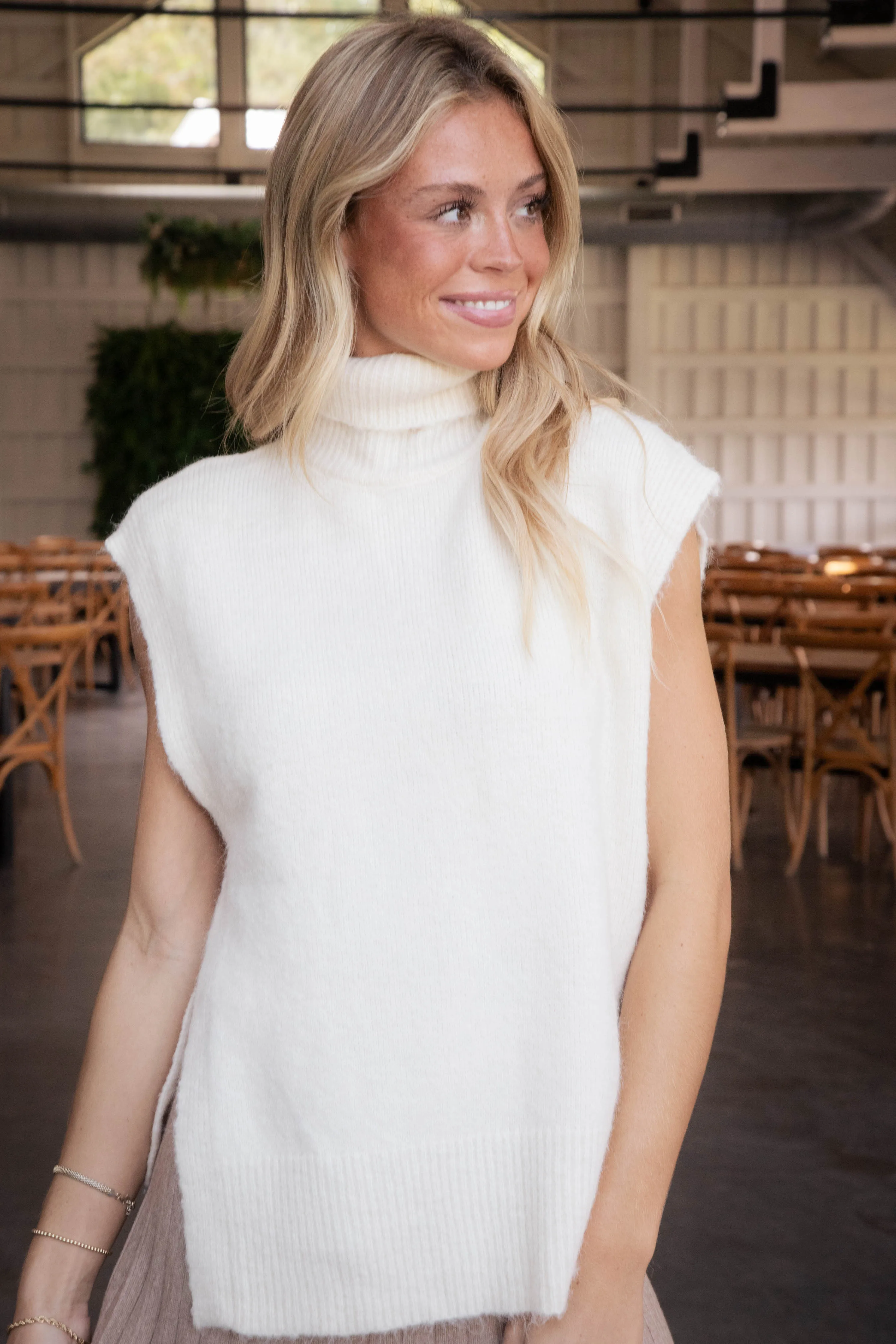 Reem Turtleneck Sweater Vest, Cream