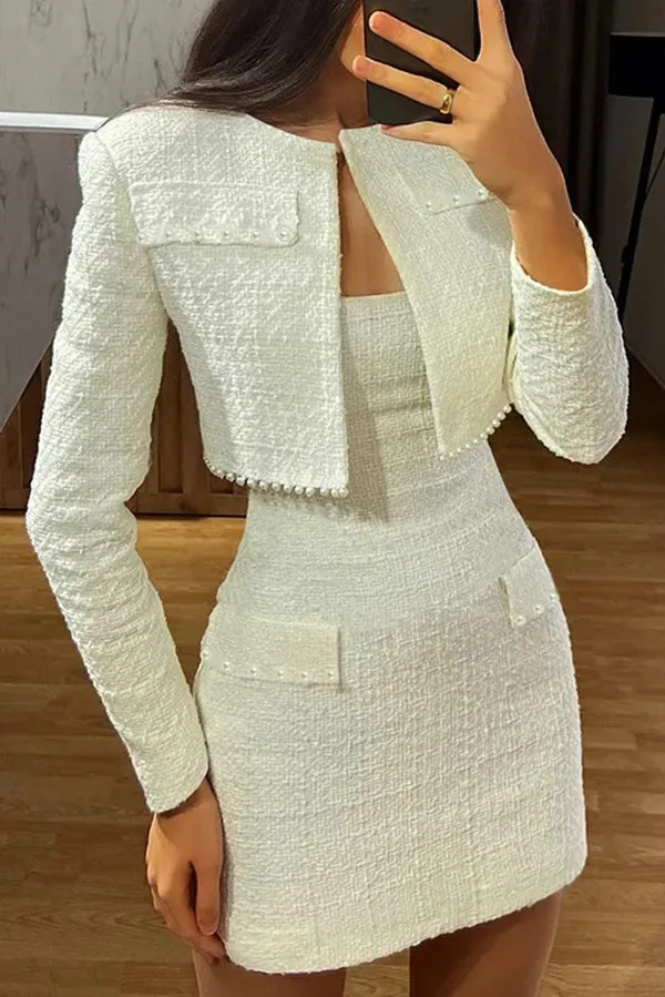 Stylish and Elegant Tweed Pearl-embellished Long-sleeved Jacket