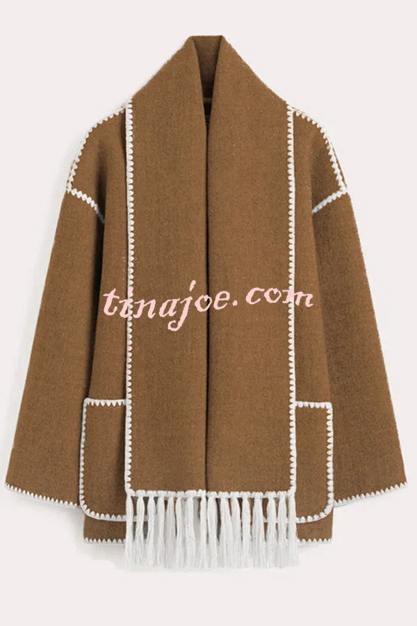 Stylish Loose Pocket Long Sleeve Coat and Warm Fringed Scarf