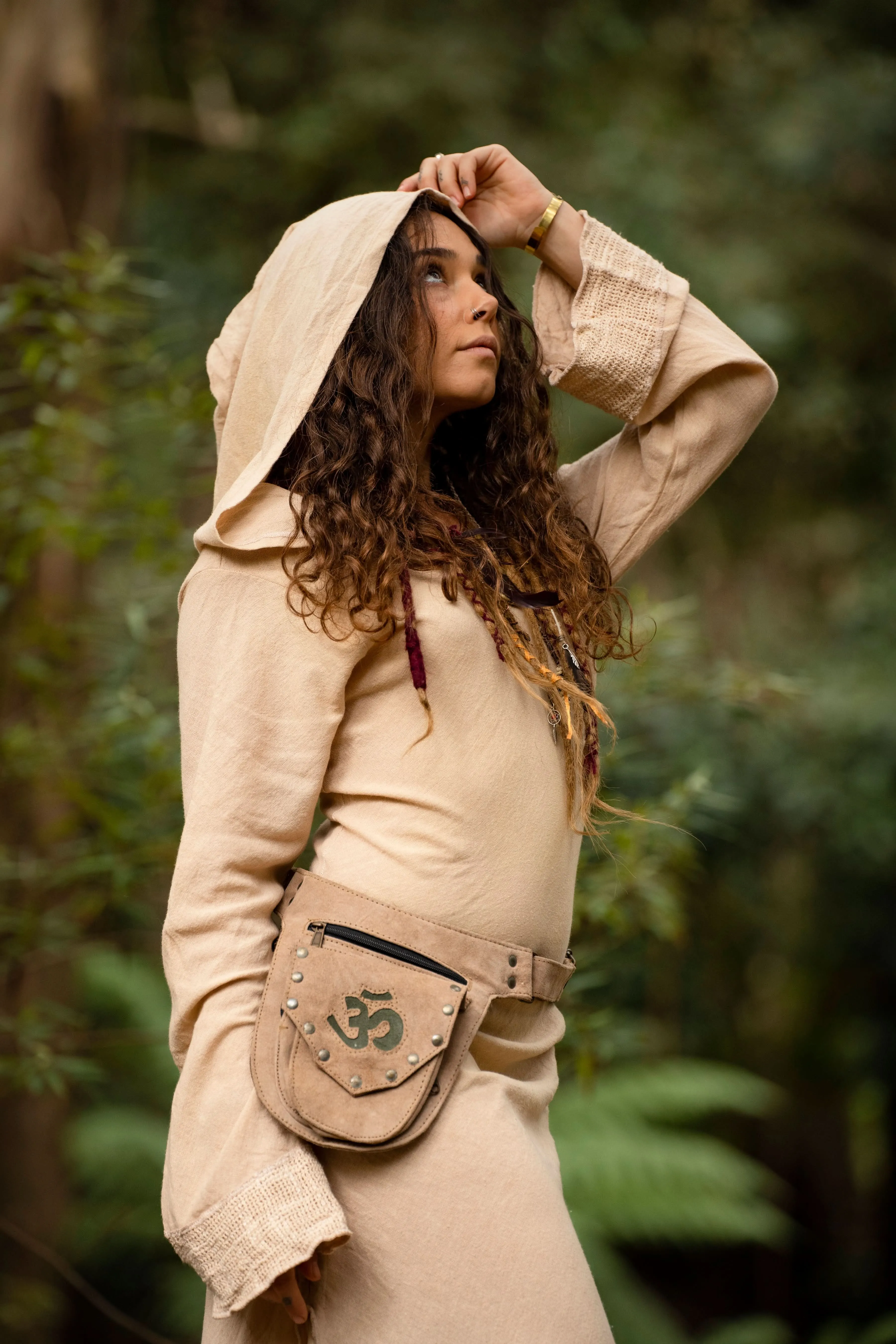 The Nile Recycled Leather Pocket Belt - Brown with Green Om Symbol