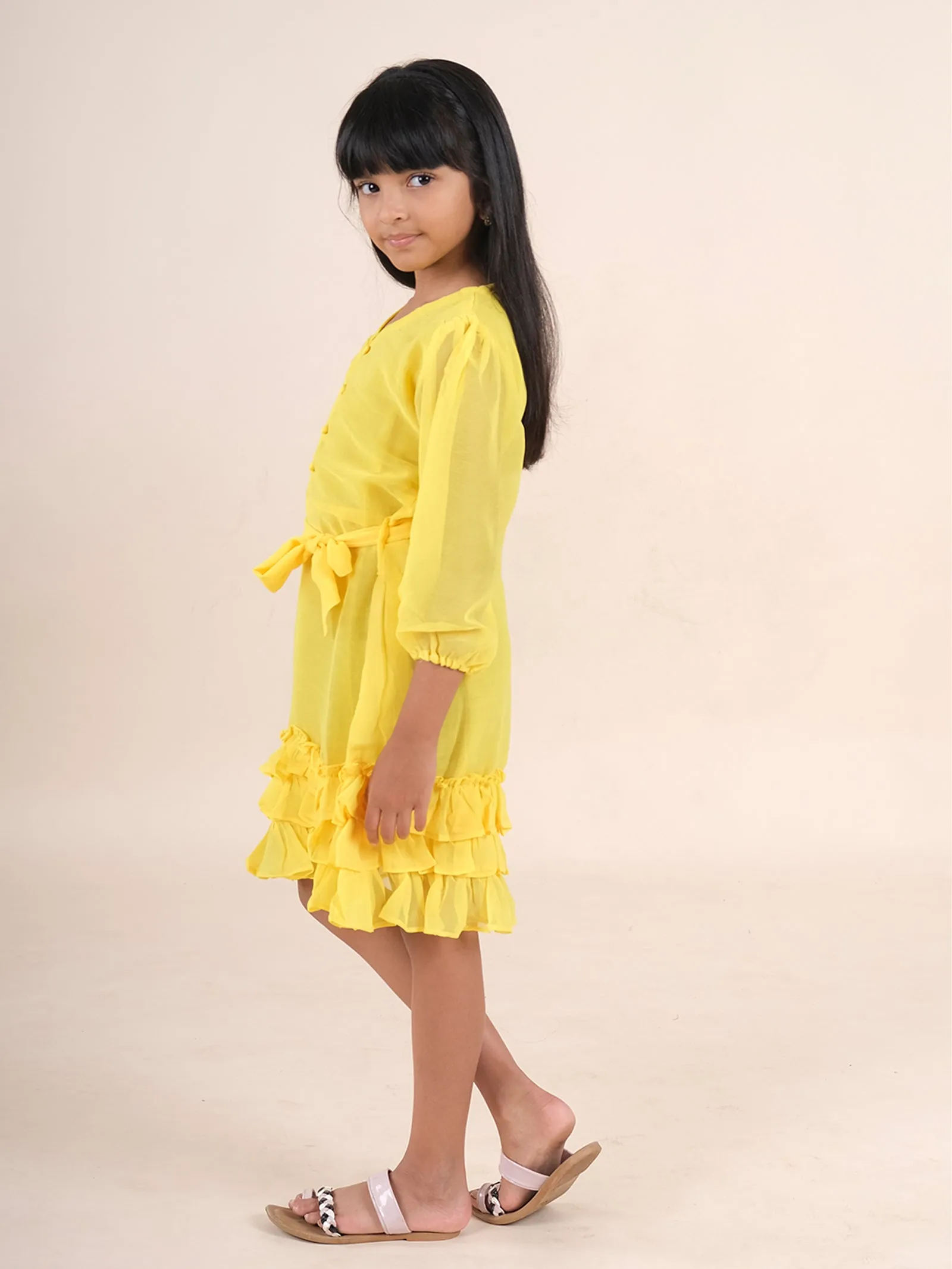 Three Fourth Sleeves Solid Ruffle Detail Dress