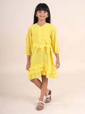 Three Fourth Sleeves Solid Ruffle Detail Dress