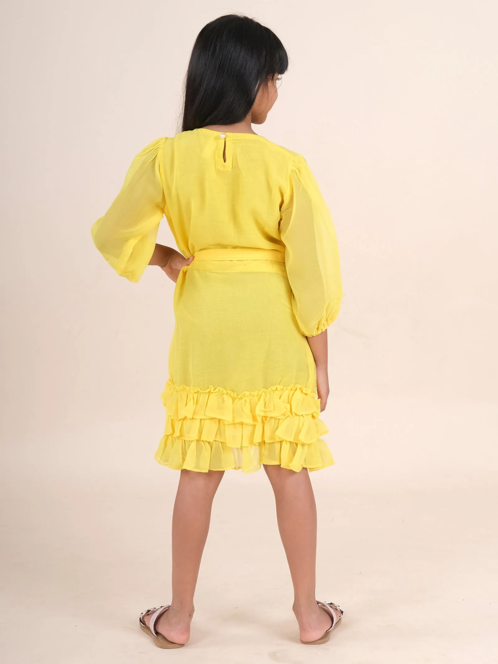 Three Fourth Sleeves Solid Ruffle Detail Dress