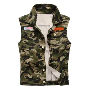 Water Washed Single-Breasted Camouflage Vest / Male Slim Sleeveless Top with Badge