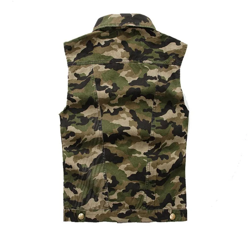 Water Washed Single-Breasted Camouflage Vest / Male Slim Sleeveless Top with Badge