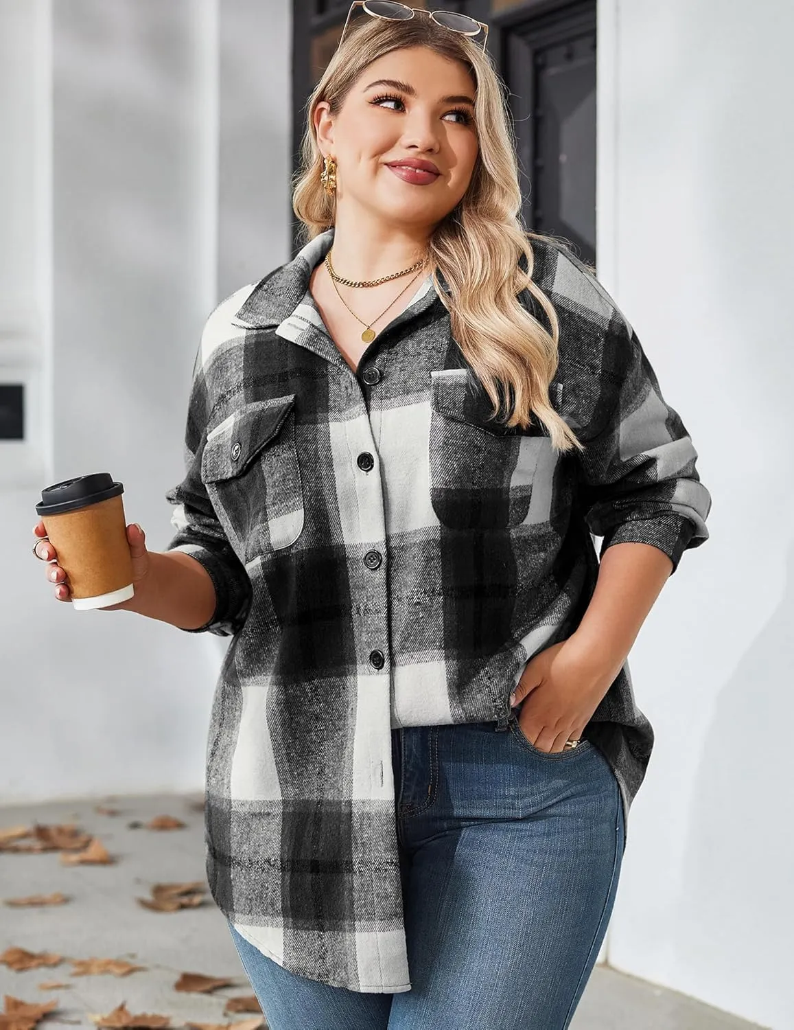 Zeagoo Women's Plus Size Flannel Plaid Shacket Button Down Color Block Shirts Tops Long Sleeve Casual Fall Jacket Coat