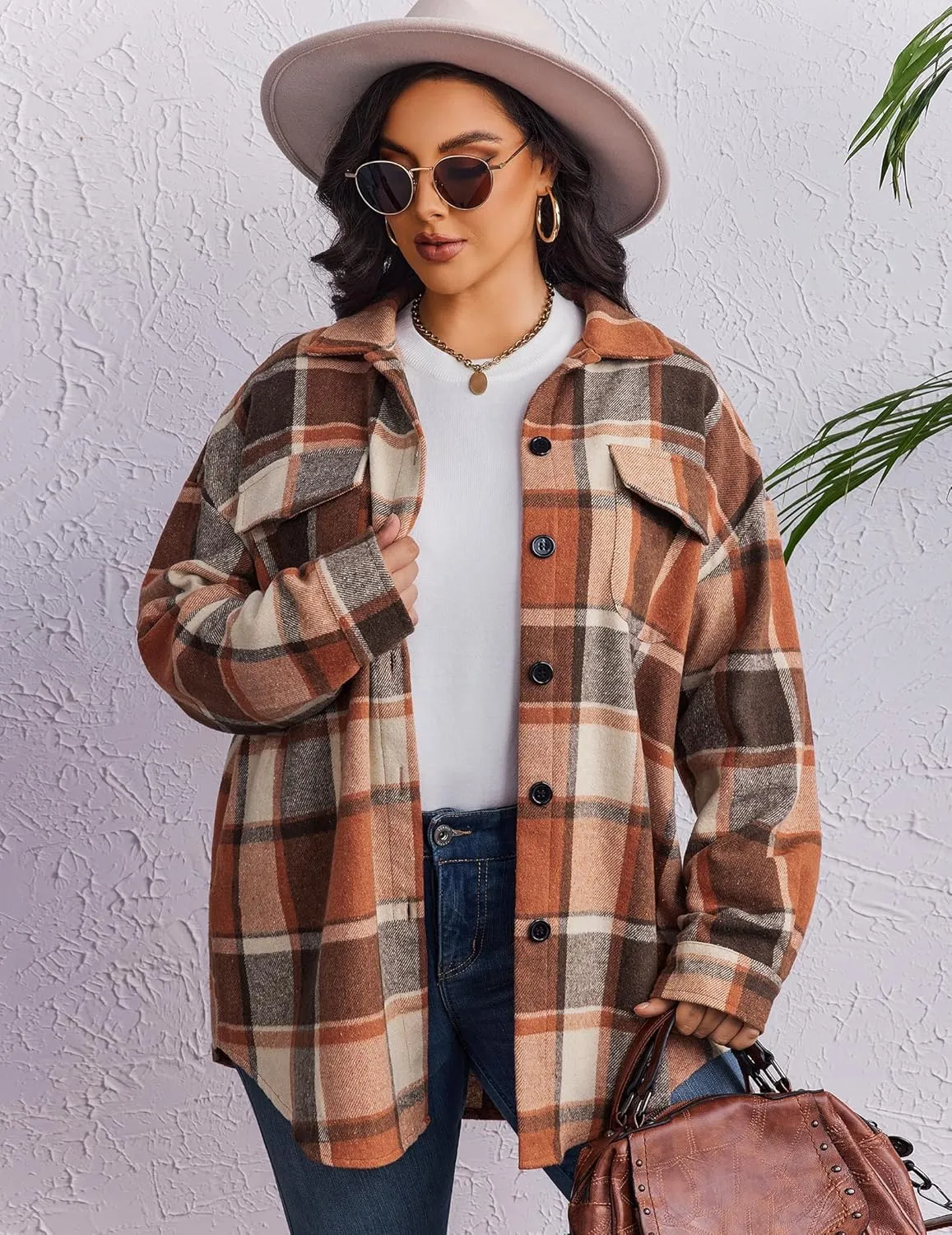 Zeagoo Women's Plus Size Flannel Plaid Shacket Button Down Color Block Shirts Tops Long Sleeve Casual Fall Jacket Coat