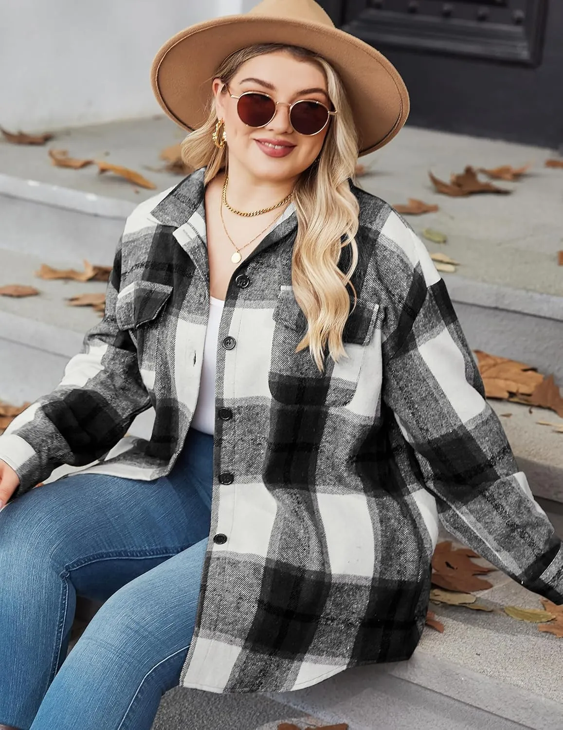 Zeagoo Women's Plus Size Flannel Plaid Shacket Button Down Color Block Shirts Tops Long Sleeve Casual Fall Jacket Coat