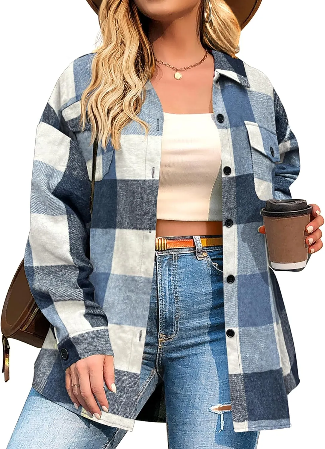 Zeagoo Women's Plus Size Flannel Plaid Shacket Button Down Color Block Shirts Tops Long Sleeve Casual Fall Jacket Coat