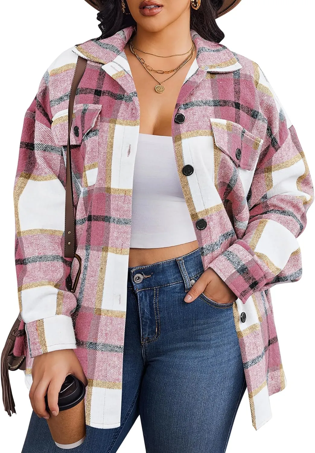 Zeagoo Women's Plus Size Flannel Plaid Shacket Button Down Color Block Shirts Tops Long Sleeve Casual Fall Jacket Coat