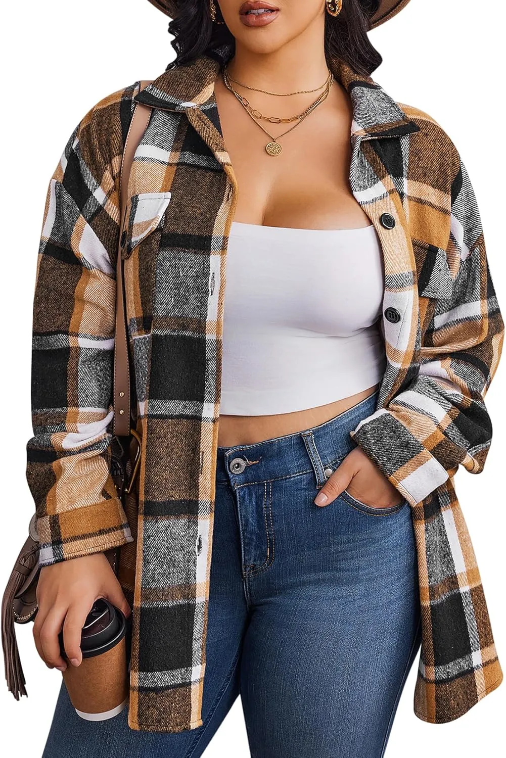 Zeagoo Women's Plus Size Flannel Plaid Shacket Button Down Color Block Shirts Tops Long Sleeve Casual Fall Jacket Coat