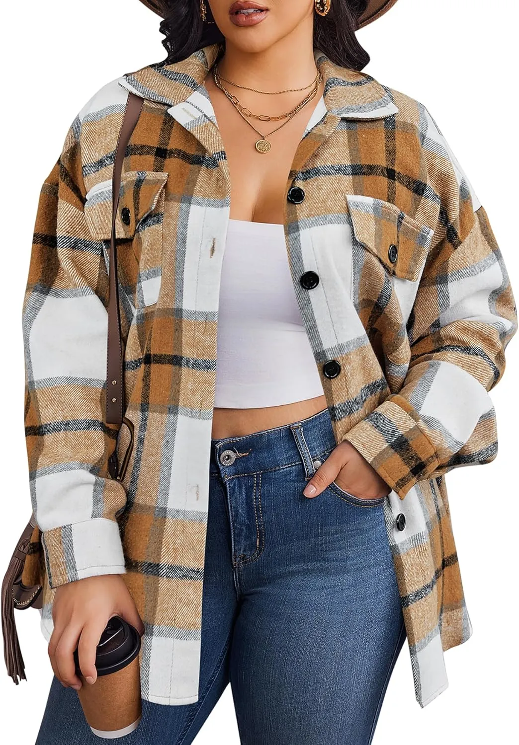 Zeagoo Women's Plus Size Flannel Plaid Shacket Button Down Color Block Shirts Tops Long Sleeve Casual Fall Jacket Coat