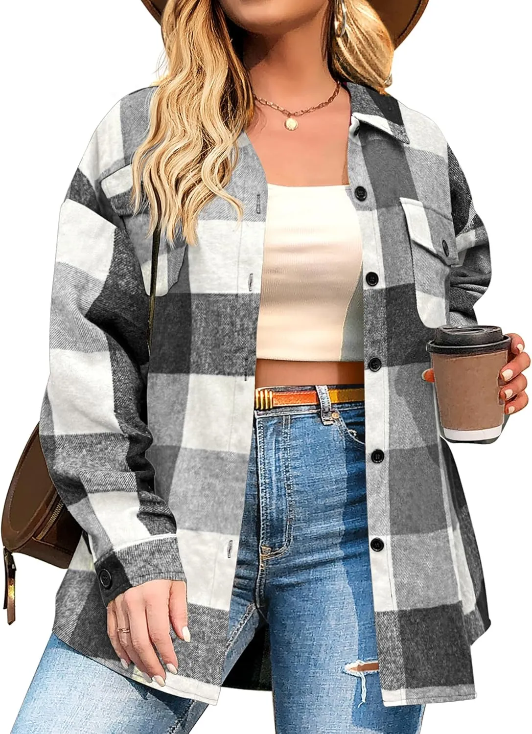 Zeagoo Women's Plus Size Flannel Plaid Shacket Button Down Color Block Shirts Tops Long Sleeve Casual Fall Jacket Coat