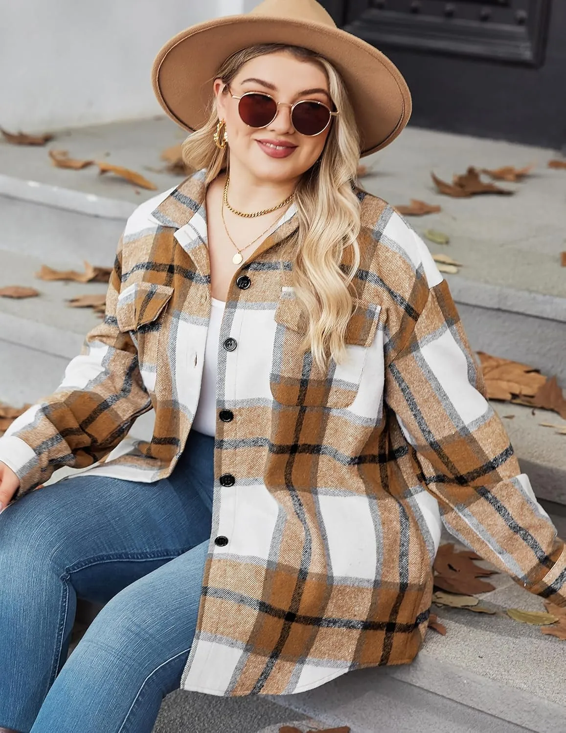 Zeagoo Women's Plus Size Flannel Plaid Shacket Button Down Color Block Shirts Tops Long Sleeve Casual Fall Jacket Coat